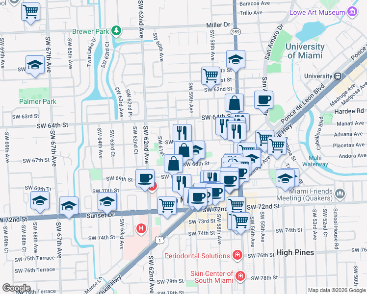 map of restaurants, bars, coffee shops, grocery stores, and more near 6555 Southwest 59th Place in South Miami