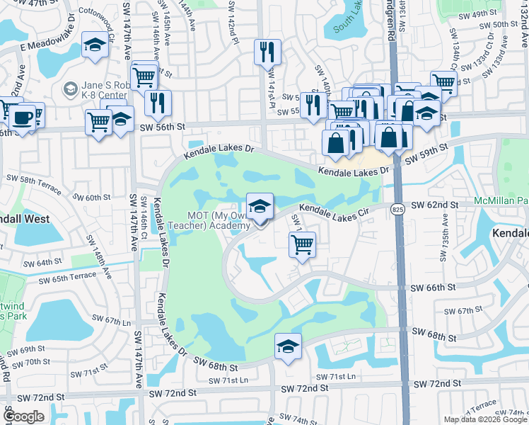 map of restaurants, bars, coffee shops, grocery stores, and more near 14105 Southwest 62nd Street in Miami