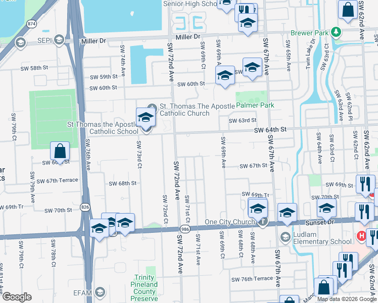 map of restaurants, bars, coffee shops, grocery stores, and more near 7100 Southwest 64th Street in Miami