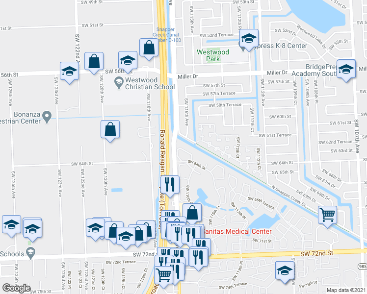 map of restaurants, bars, coffee shops, grocery stores, and more near 6040 Southwest 116th Avenue in Miami