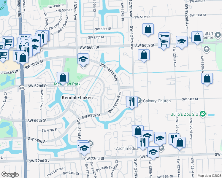 map of restaurants, bars, coffee shops, grocery stores, and more near 6101 Southwest 128th Court in Miami