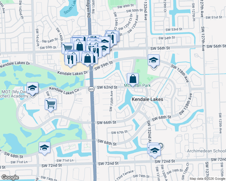 map of restaurants, bars, coffee shops, grocery stores, and more near 13501 Southwest 62nd Street in Miami