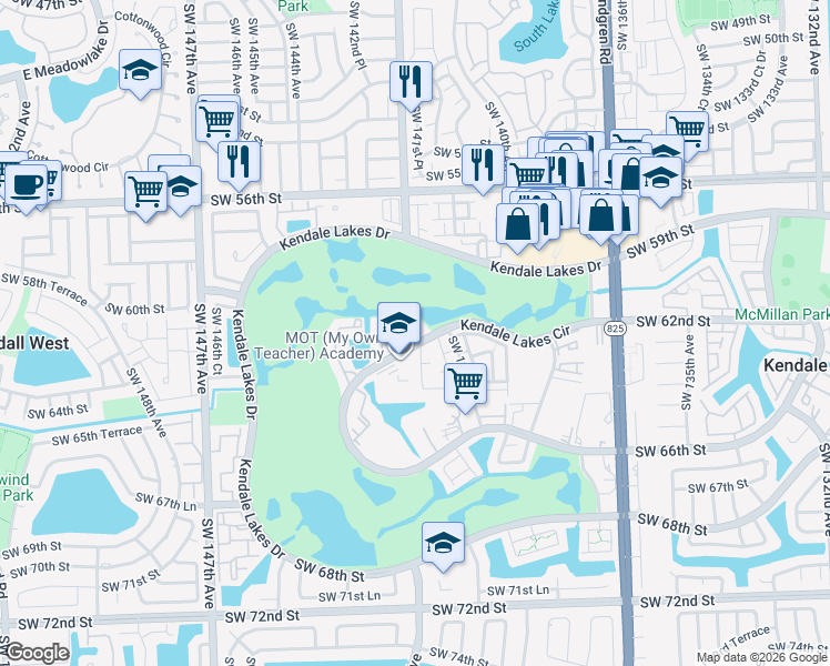 map of restaurants, bars, coffee shops, grocery stores, and more near 14105 Southwest 62nd Street in Miami