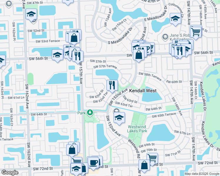 map of restaurants, bars, coffee shops, grocery stores, and more near 6050 Southwest 153rd Court Road in Miami