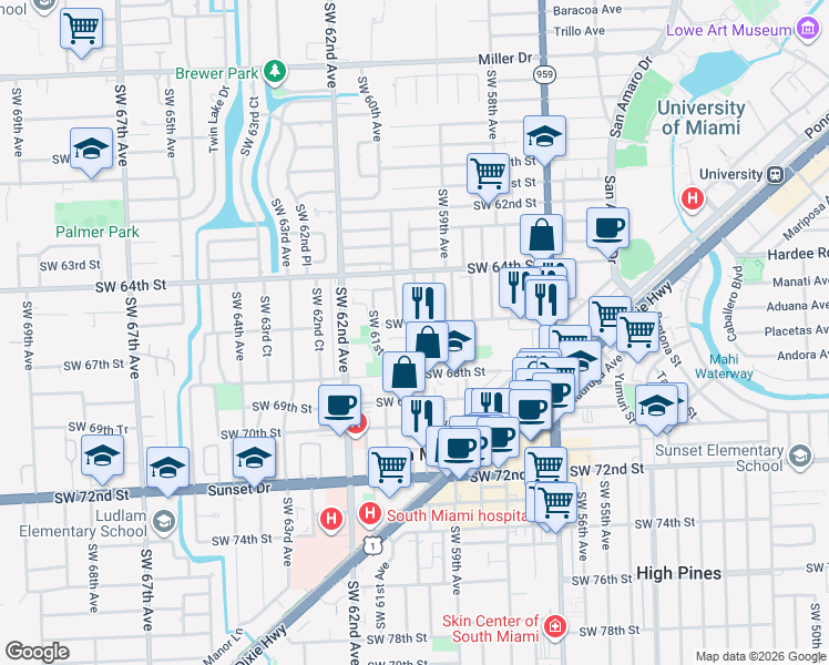 map of restaurants, bars, coffee shops, grocery stores, and more near 6555 Southwest 59th Place in South Miami