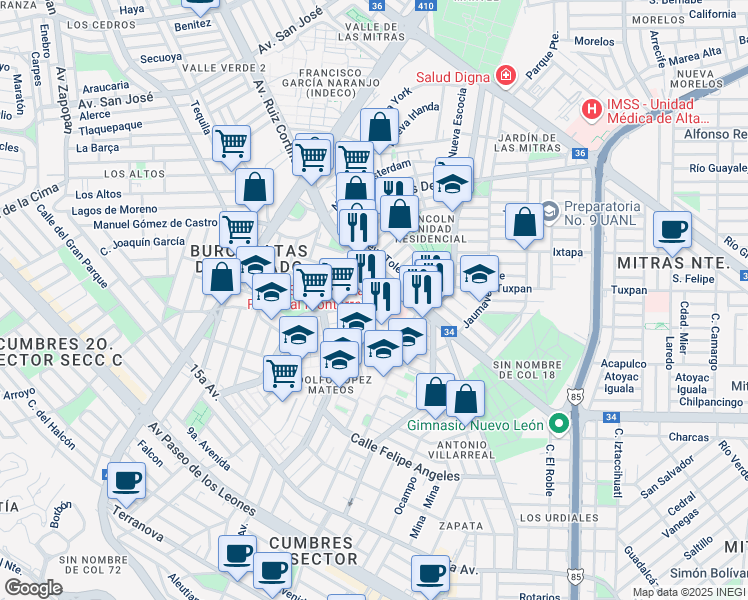map of restaurants, bars, coffee shops, grocery stores, and more near Adolfo López Mateos in Monterrey