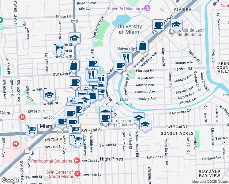 map of restaurants, bars, coffee shops, grocery stores, and more near 1261 South Alhambra Circle in Coral Gables