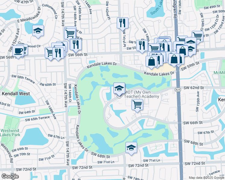 map of restaurants, bars, coffee shops, grocery stores, and more near 14239 Southwest 62nd Street in Miami