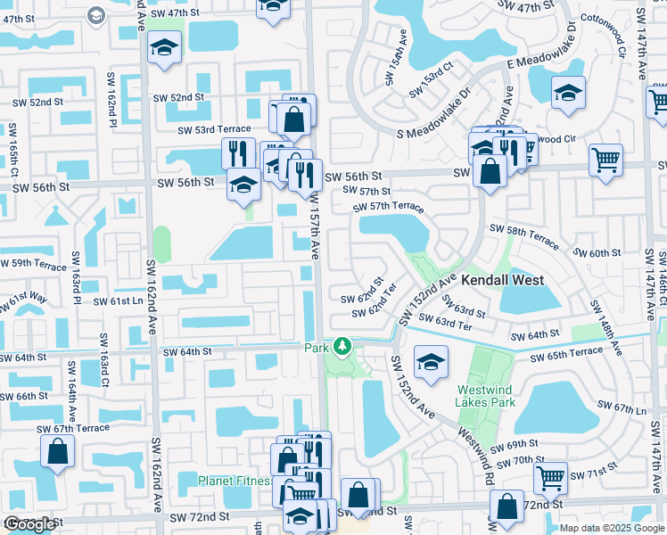 map of restaurants, bars, coffee shops, grocery stores, and more near 5980 Southwest 156th Court in Miami
