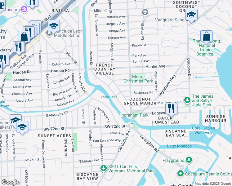map of restaurants, bars, coffee shops, grocery stores, and more near 6411 Riviera Drive in Coral Gables