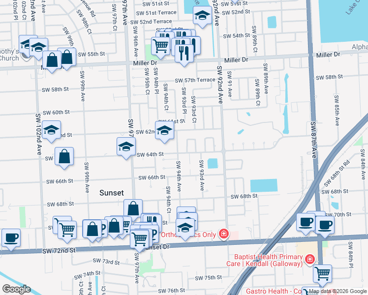 map of restaurants, bars, coffee shops, grocery stores, and more near 6300 Southwest 93rd Place in Miami