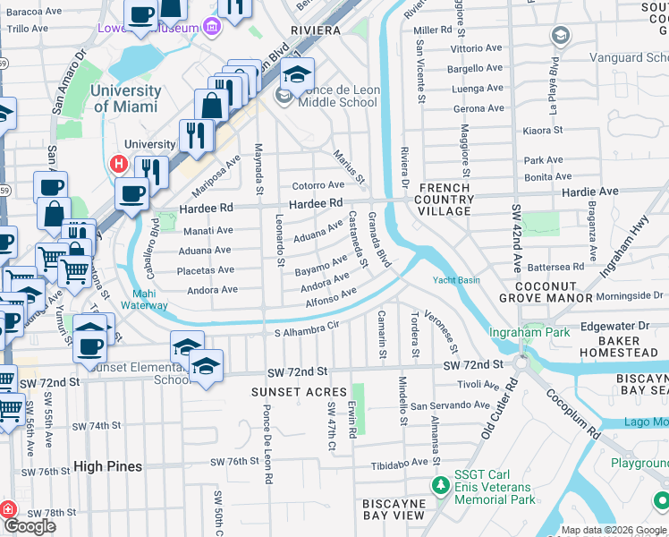 map of restaurants, bars, coffee shops, grocery stores, and more near 915 Bayamo Avenue in Coral Gables