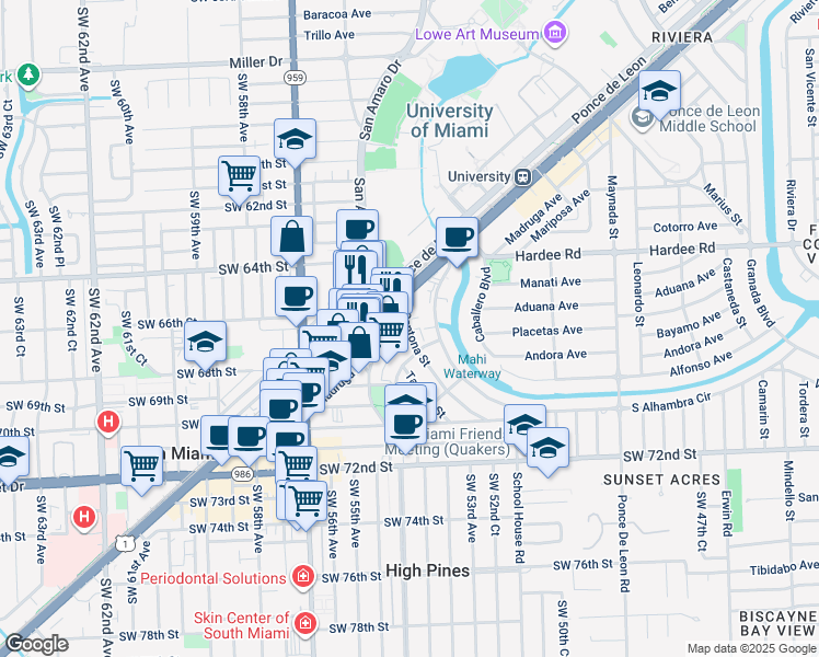map of restaurants, bars, coffee shops, grocery stores, and more near 1430 South Dixie Highway in Coral Gables