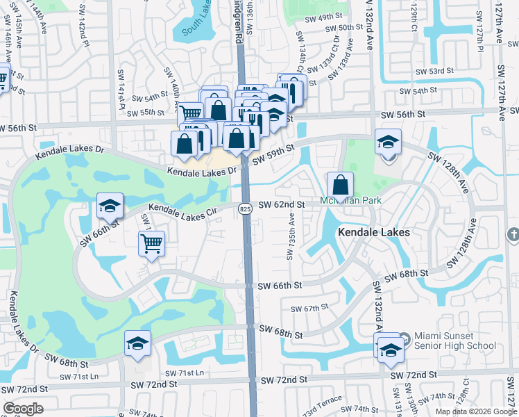 map of restaurants, bars, coffee shops, grocery stores, and more near 13529 Southwest 62nd Street in Miami