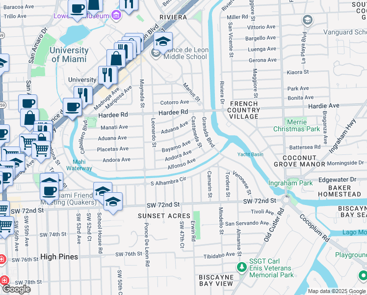 map of restaurants, bars, coffee shops, grocery stores, and more near 915 Bayamo Avenue in Coral Gables