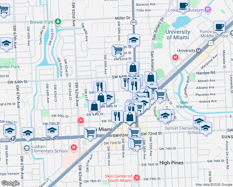 map of restaurants, bars, coffee shops, grocery stores, and more near 6540 Southwest 58th Place in South Miami