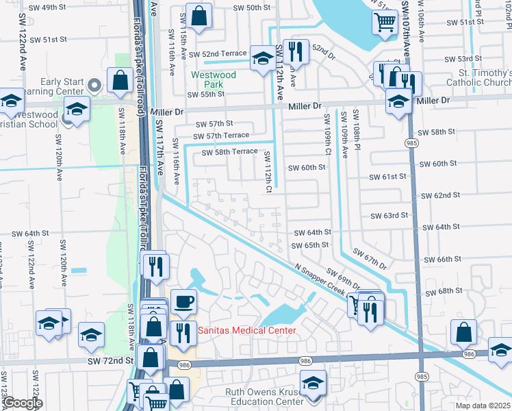 map of restaurants, bars, coffee shops, grocery stores, and more near 11240 Southwest 61st Terrace in Miami