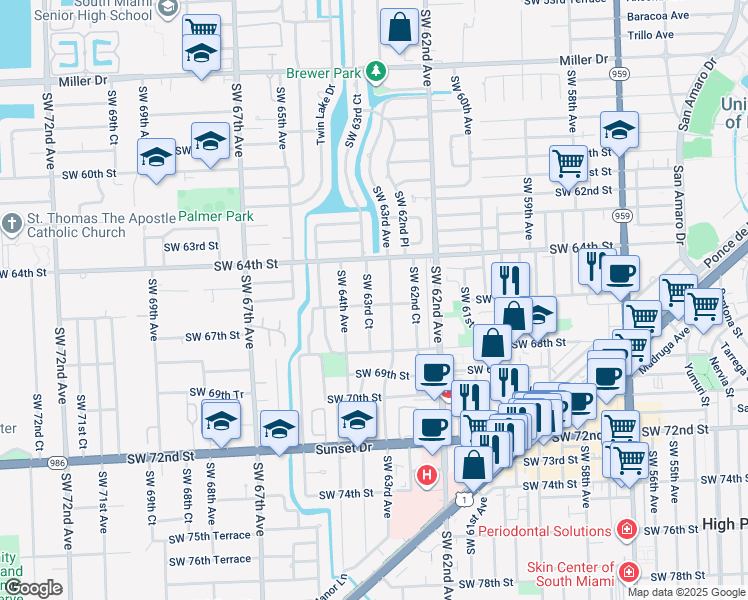 map of restaurants, bars, coffee shops, grocery stores, and more near 6511 Southwest 63rd Court in South Miami