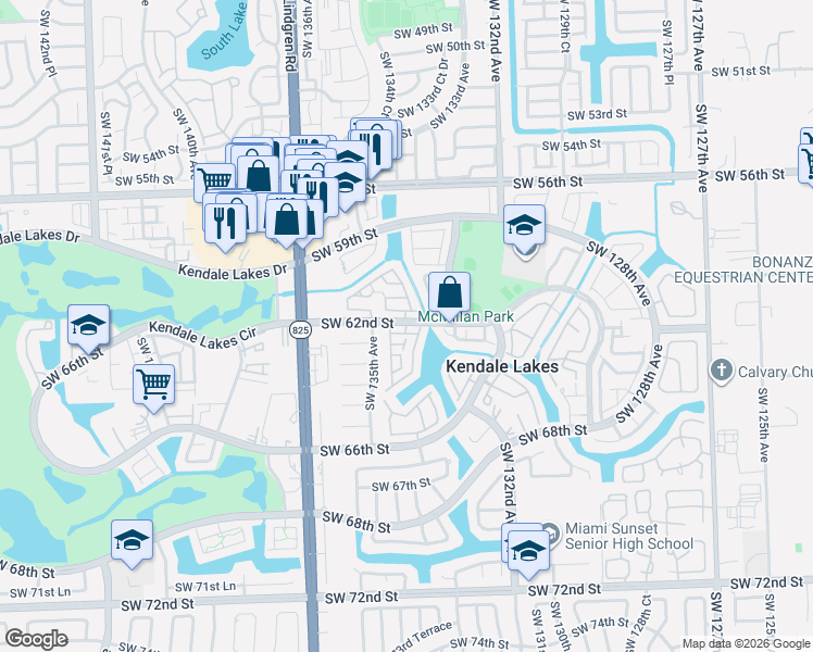 map of restaurants, bars, coffee shops, grocery stores, and more near 13405 Southwest 62nd Lane in Miami