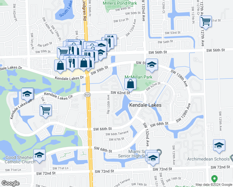 map of restaurants, bars, coffee shops, grocery stores, and more near 13405 Southwest 62nd Lane in Miami