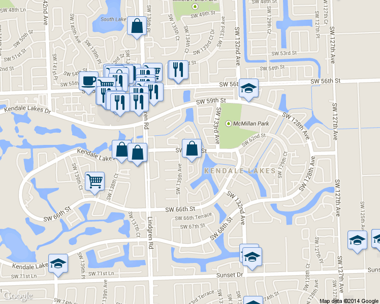 map of restaurants, bars, coffee shops, grocery stores, and more near 13405 Southwest 62nd Lane in Miami