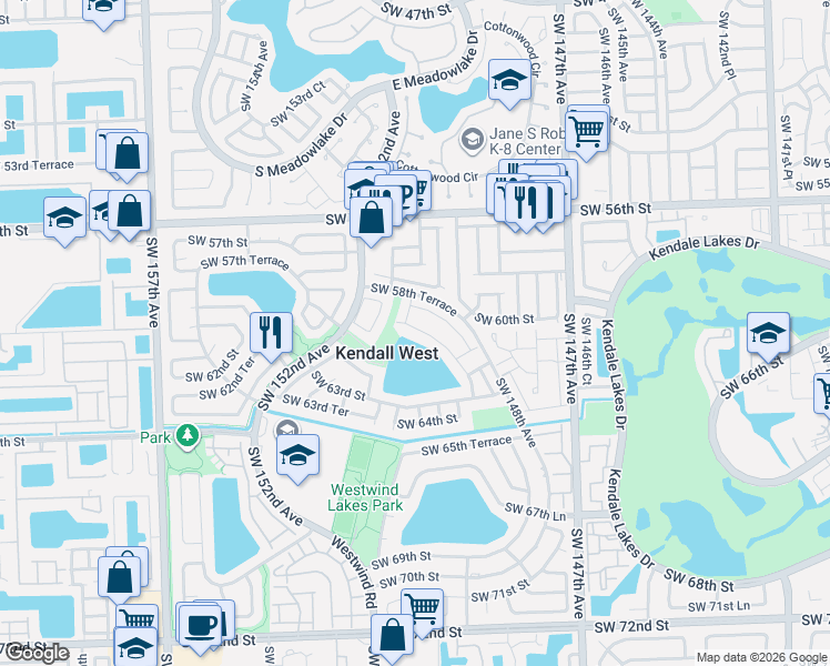 map of restaurants, bars, coffee shops, grocery stores, and more near 15001 Southwest 60th Street in Miami
