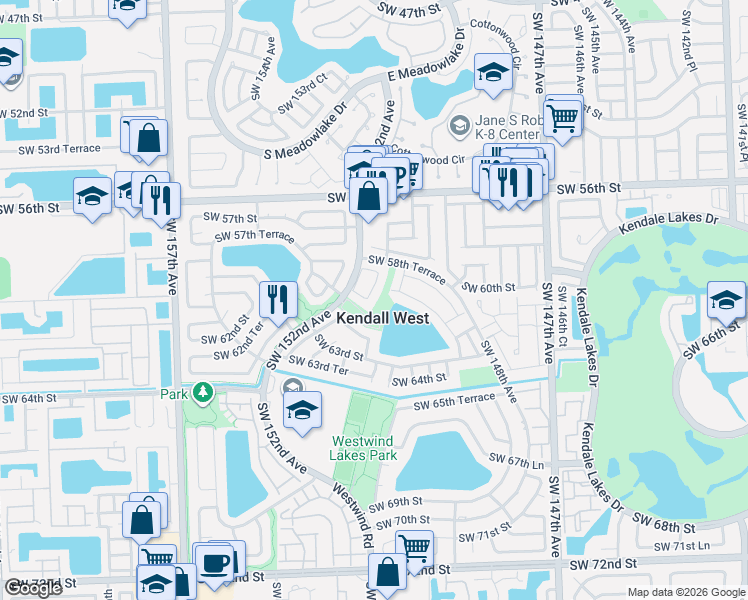 map of restaurants, bars, coffee shops, grocery stores, and more near 6023 Southwest 151st Place in Miami