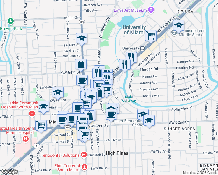 map of restaurants, bars, coffee shops, grocery stores, and more near 1430 South Dixie Highway in Coral Gables