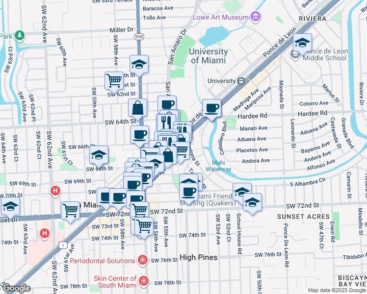 map of restaurants, bars, coffee shops, grocery stores, and more near 1430 South Dixie Highway in Coral Gables