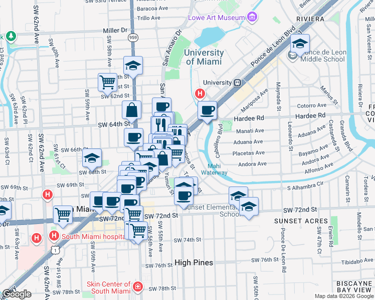 map of restaurants, bars, coffee shops, grocery stores, and more near 6511 Santona Street in Miami
