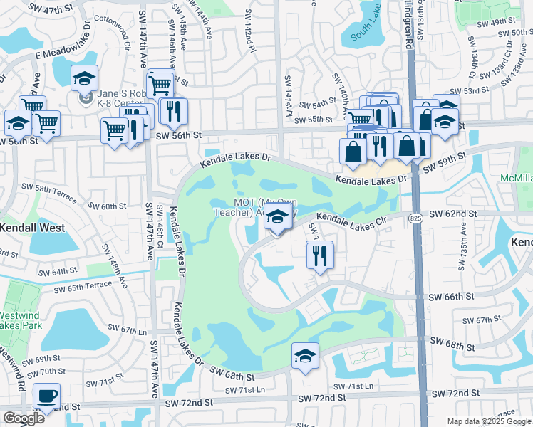 map of restaurants, bars, coffee shops, grocery stores, and more near 14239 Southwest 62nd Street in Miami