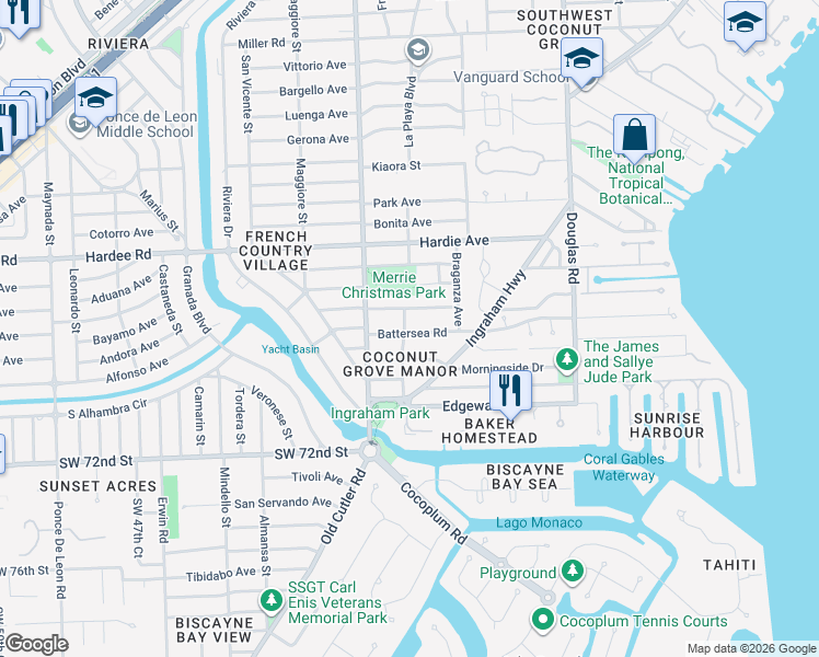 map of restaurants, bars, coffee shops, grocery stores, and more near 4070 Woodridge Road in Miami
