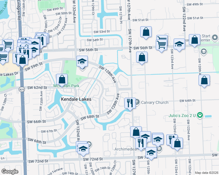 map of restaurants, bars, coffee shops, grocery stores, and more near 6101 Southwest 128th Court in Miami