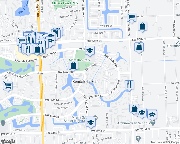 map of restaurants, bars, coffee shops, grocery stores, and more near 6217 Southwest 131st Place in Miami