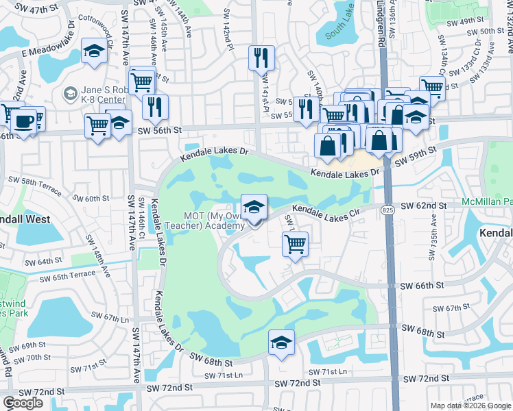 map of restaurants, bars, coffee shops, grocery stores, and more near 14105 Southwest 62nd Street in Miami