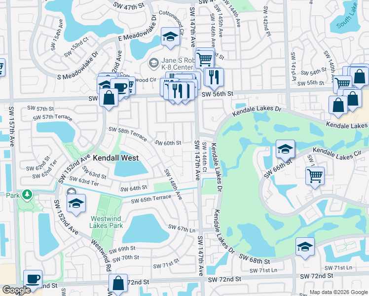 map of restaurants, bars, coffee shops, grocery stores, and more near 14746 Southwest 60th Street in Miami