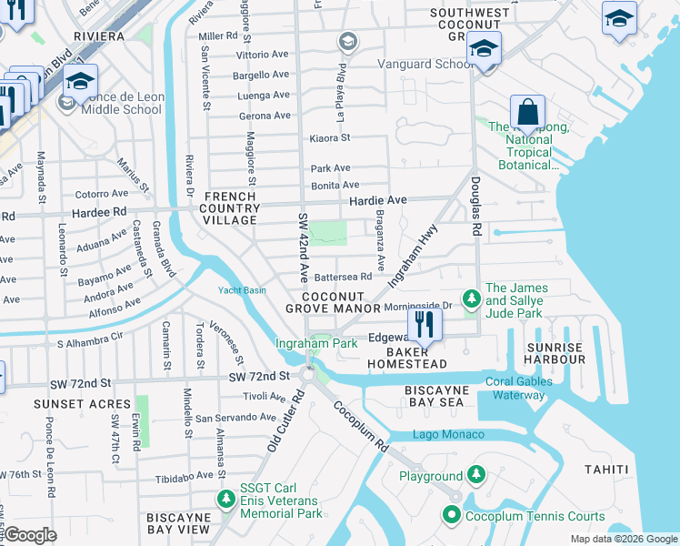 map of restaurants, bars, coffee shops, grocery stores, and more near 4070 Woodridge Road in Miami