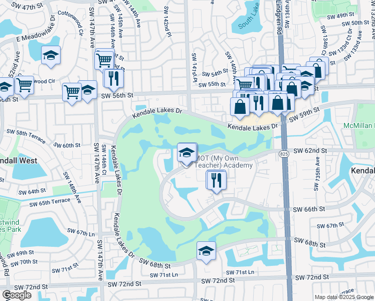 map of restaurants, bars, coffee shops, grocery stores, and more near 14105 Southwest 62nd Street in Miami
