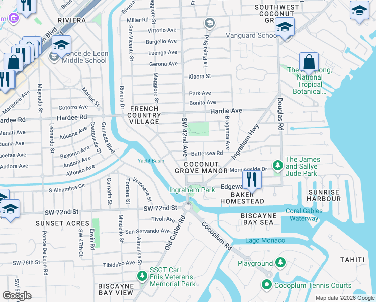 map of restaurants, bars, coffee shops, grocery stores, and more near 4150 Woodridge Road in Miami