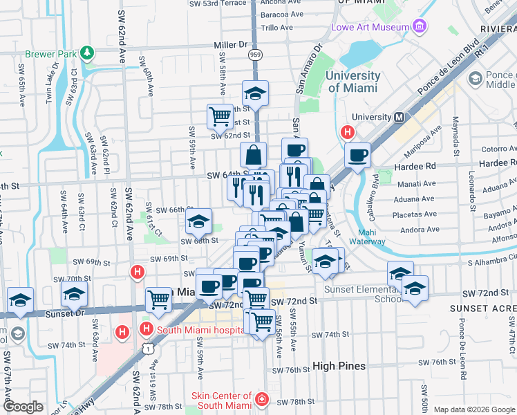 map of restaurants, bars, coffee shops, grocery stores, and more near 6630 Southwest 57th Avenue in Coral Gables