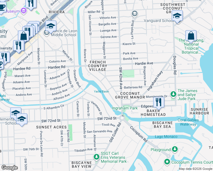map of restaurants, bars, coffee shops, grocery stores, and more near 6411 Riviera Drive in Coral Gables
