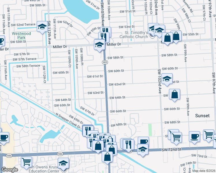 map of restaurants, bars, coffee shops, grocery stores, and more near 6201 Southwest 107th Avenue in Miami