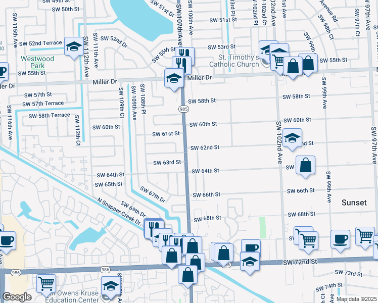 map of restaurants, bars, coffee shops, grocery stores, and more near 6202 Southwest 107th Avenue in Miami
