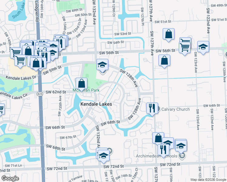 map of restaurants, bars, coffee shops, grocery stores, and more near 6100 Southwest 130th Avenue in Miami