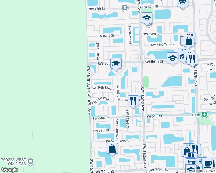map of restaurants, bars, coffee shops, grocery stores, and more near 16463 Southwest 59th Terrace in Miami