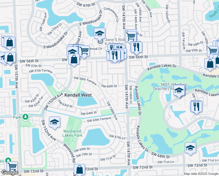 map of restaurants, bars, coffee shops, grocery stores, and more near 14806 Southwest 60th Street in Miami
