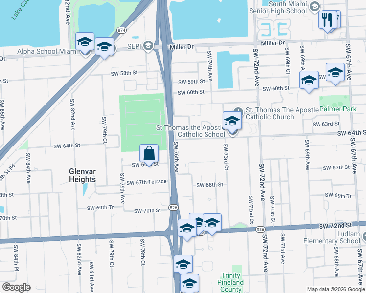 map of restaurants, bars, coffee shops, grocery stores, and more near 7538 Southwest 64th Street in South Miami