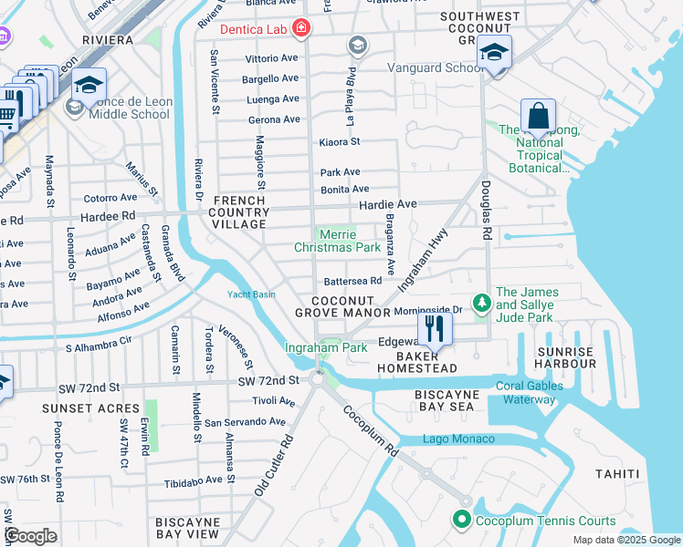 map of restaurants, bars, coffee shops, grocery stores, and more near 4070 Woodridge Road in Miami