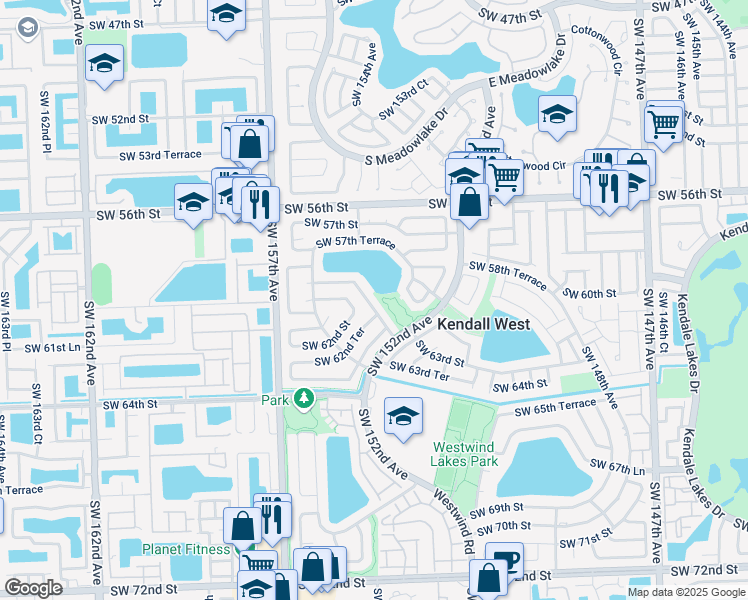 map of restaurants, bars, coffee shops, grocery stores, and more near 6050 Southwest 153rd Court Road in Miami