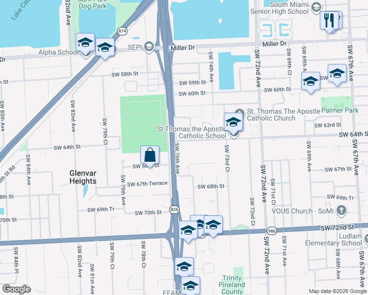 map of restaurants, bars, coffee shops, grocery stores, and more near 7538 Southwest 64th Street in South Miami